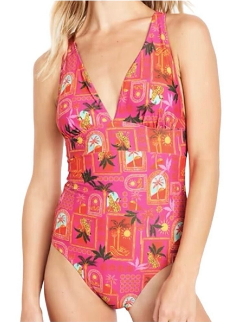 Old Navy Tie-back Vibrant Tropical One-Piece Swimsuit in Wild Pink Cheetah, XXL